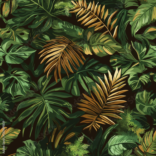 Lush Tropical Foliage with Golden Palm Leaves
