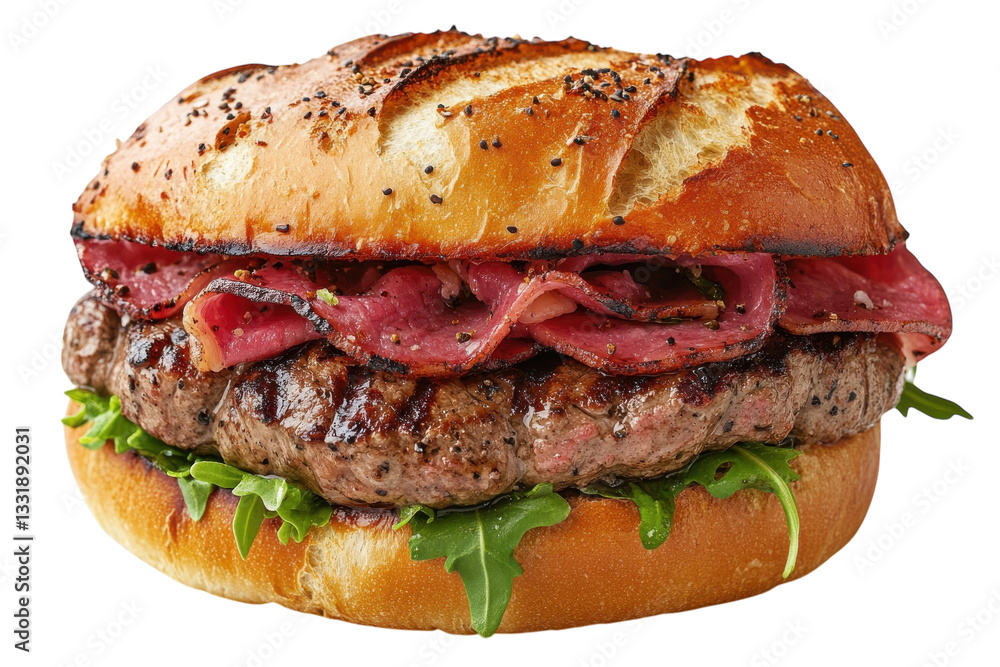 A Juicy Grilled Beef Burger Topped With Savory Pastrami, Nestled In A Toasted Poppy Seed Bun And Fresh Arugula, Ready To Satisfy Your Hunger With A Delicious Aroma Isolated on Transparent Background A Juicy Grilled Beef Burger Topped With Savory Pastrami, Nestled In A Toasted Poppy Seed Bun And Fresh Arugula, Ready To Satisfy Your Hunger With A Delicious Aroma Isolated on Transparent Background