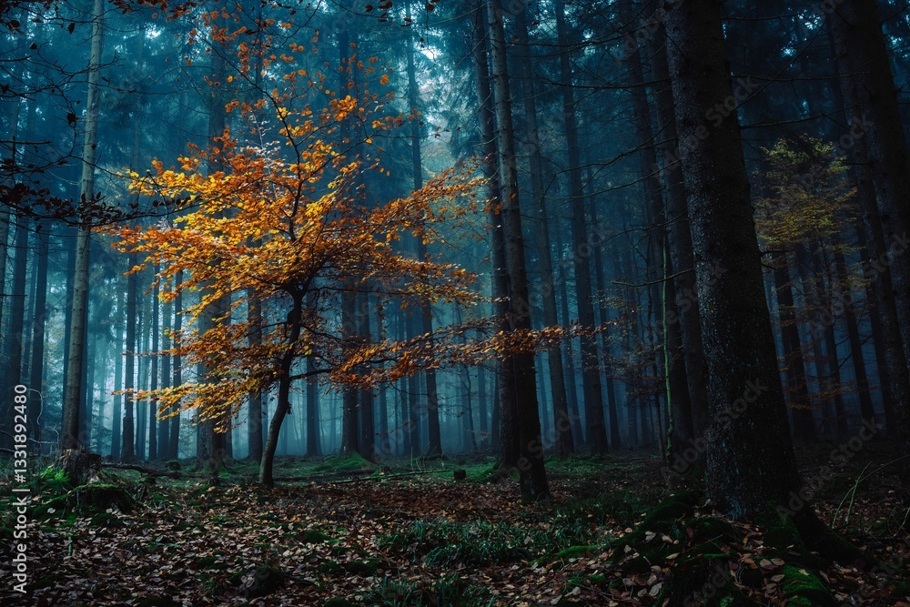 Fototapeta premium Mystical forest with vibrant autumn tree.