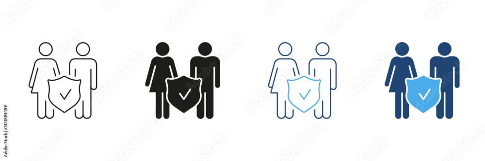 Man And Woman With Shield Line and Silhouette Icon Set. Security And Safety For Family Outline and Solid Symbol. Editable Stroke. Isolated Vector Illustration Man And Woman With Shield Line and Silhouette Icon Set. Security And Safety For Family Outline and Solid Symbol. Editable Stroke. Isolated Vector Illustration