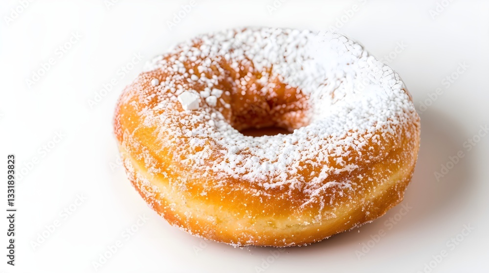A classic ring donut dusted with powdered sugar, isolated on a white background A classic ring donut dusted with powdered sugar, isolated on a white background