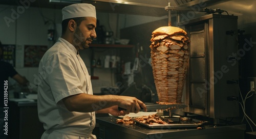 Delicious roasted meat shawarma preparation in a restaurant kitchen hot chef food gyro meal lunch