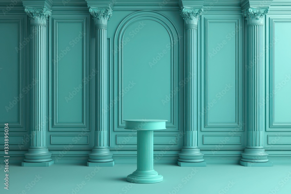 Fototapeta premium AI-conceptualized pedestal scene, teal background, 3D rendering.