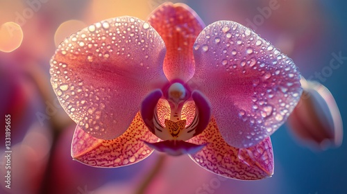 Pink Orchid with Water Droplets Close Up Macro Photography
