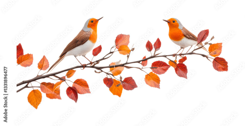 Two european robins perched on vibrant autumn branch, cut out