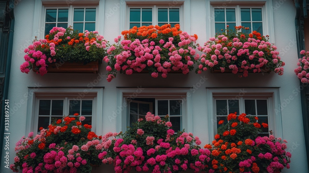 Fototapeta premium Ornate fa?ade with colorful flower boxes