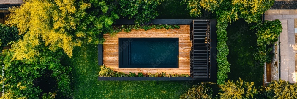 Top View Of Modern Backyard Design With Black Pergola, Teak Deck And Swimming Pool In Lush Garden Top View Of Modern Backyard Design With Black Pergola, Teak Deck And Swimming Pool In Lush Garden
