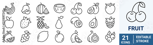 Fruits web line icons. Vegetables and berries. Editable stroke. Vector illustration