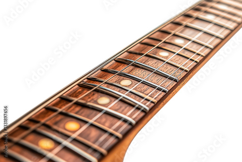 Close Up of a Brown Wooden Guitar Neck with Gold Frets and Strings Isolated On Transparent Background