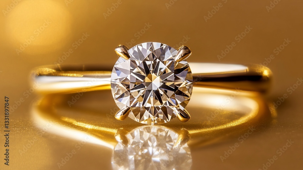 Gold Diamond Ring on Golden Surface Gold Diamond Ring on Golden Surface