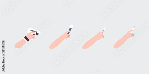 Set of brushes for make up. Flat illustration of makeup artist hand holding collection of cosmetic accessory for woman face painting. Brush for eyeshadow, brows, blush