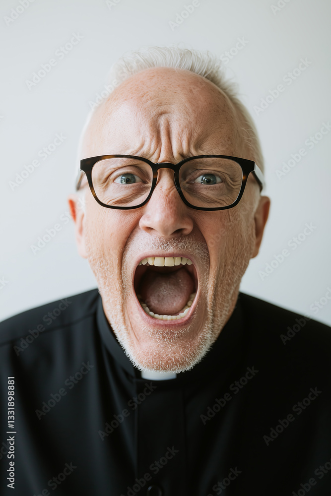 Priest expressing intense emotion while staring directly at the camera in a striking portrait captured with a plain background Priest expressing intense emotion while staring directly at the camera in a striking portrait captured with a plain background