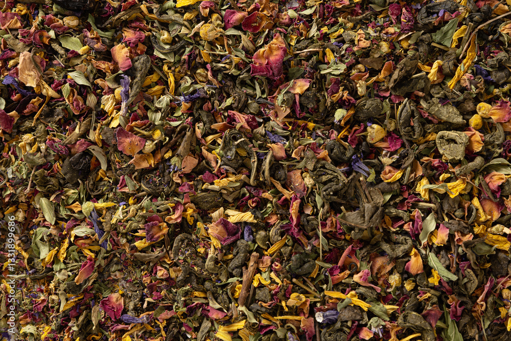 Various kinds of dry herbal flowers tea and green tea. View from above. Dry tea leaves texture and abstract background.