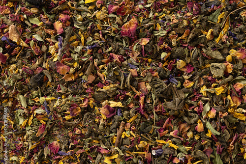 Obraz na płótnie Various kinds of dry herbal flowers tea and green tea. View from above. Dry tea leaves texture and abstract background. w salonie
