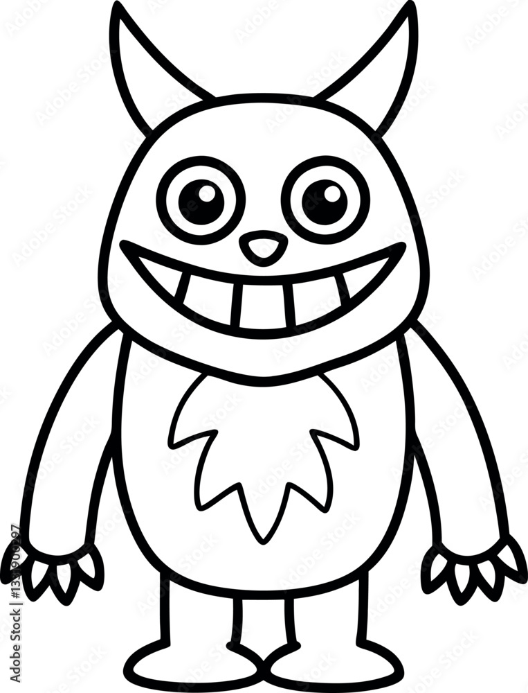 Friendly monster line-art drawing with horns and big teeth, ideal for kids' Halloween coloring books, fun crafts, and printable educational materials Friendly monster line-art drawing with horns and big teeth, ideal for kids' Halloween coloring books, fun crafts, and printable educational materials