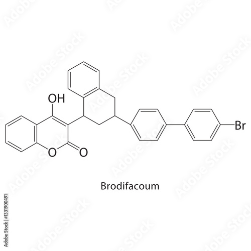 Brodifacoum skeletal structure. Anticoagulant compound schematic illustration. Simple diagram, chemical formula.