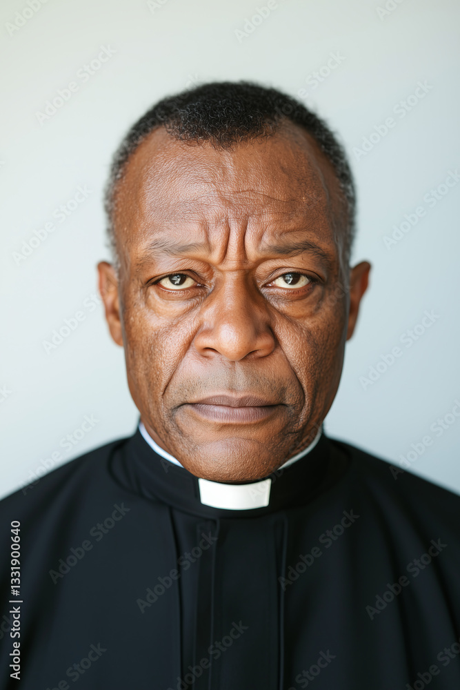 Portrait of a distinguished African American priest with a serious expression, embodying spiritual leadership and wisdom against a simple background Portrait of a distinguished African American priest with a serious expression, embodying spiritual leadership and wisdom against a simple background
