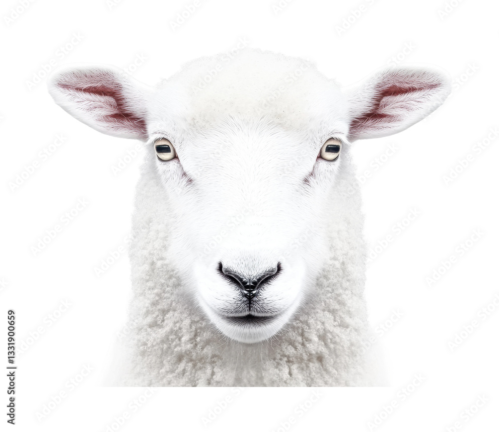 Fototapeta premium Portrait of a white sheep facing front on a white background, cut out