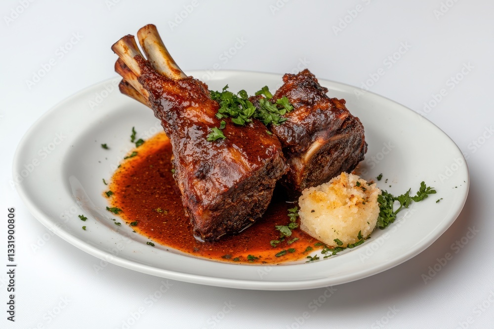 Juicy Grilled Lamb Chops with Rich Sauce and Garnish on White Plate Juicy Grilled Lamb Chops with Rich Sauce and Garnish on White Plate