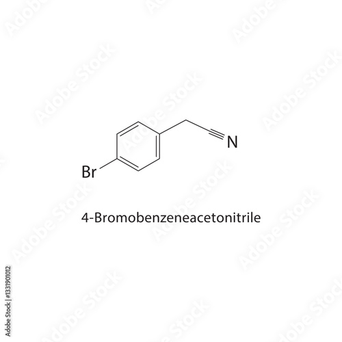 4-Bromobenzeneacetonitrile skeletal structure. Brominated Nitrile compound schematic illustration. Simple diagram, chemical formula.