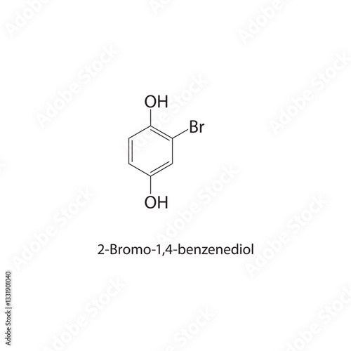 2-Bromo-1,4-benzenediol skeletal structure. Brominated Phenol compound schematic illustration. Simple diagram, chemical formula.