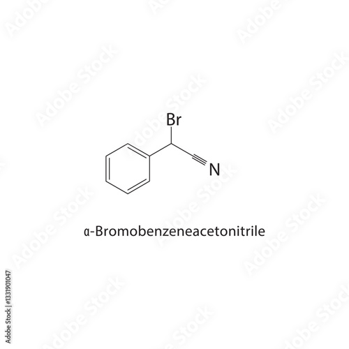 α-Bromobenzeneacetonitrile skeletal structure. Brominated Nitrile compound schematic illustration. Simple diagram, chemical formula.