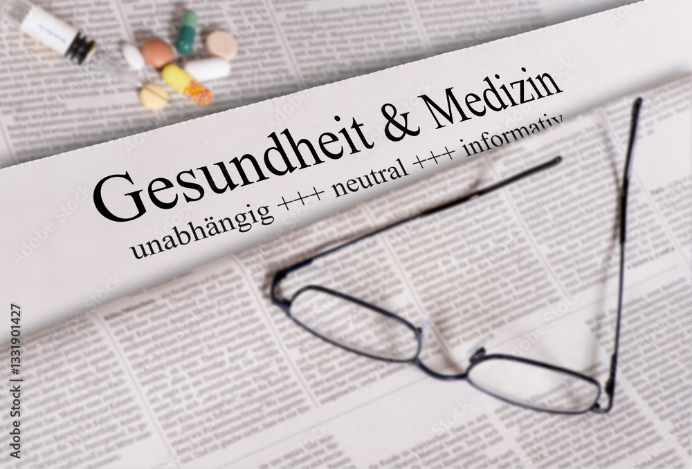 Eine Brille liegt auf einer Zeitung mit der Überschrift Gesundheit & Medizin