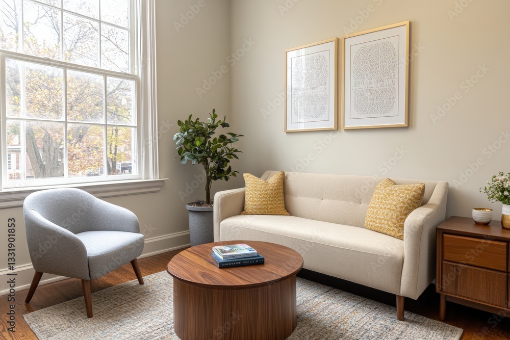Fototapeta premium Cozy therapy office with soft beige tones and natural light Generative AI