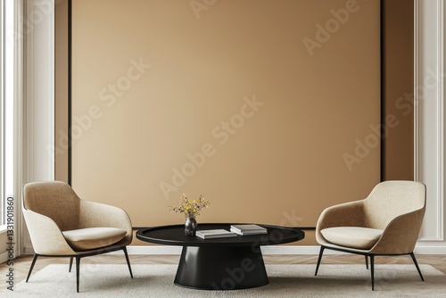 Premium room, warm chocolate beige wall, luxury furniture, 3D.