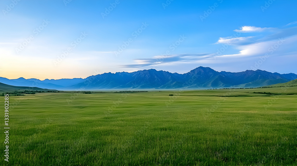 Vast grassy plain stretches beneath a mountain range at dawn. Tranquil landscape Vast grassy plain stretches beneath a mountain range at dawn. Tranquil landscape