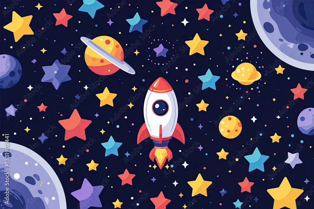 Fototapeta premium Adorable Flat Design Vector Space Background Featuring Colorful Stars in Dark Cosmos