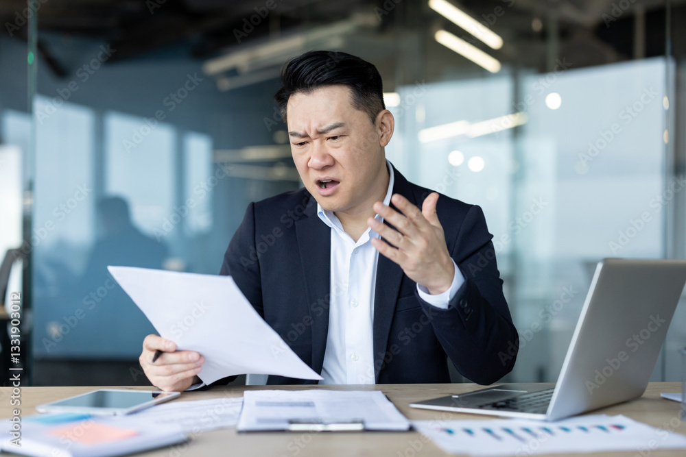 Angry young Asian man received a letter and bad news, sitting disappointed in the office, reading and holding documents in his hands Angry young Asian man received a letter and bad news, sitting disappointed in the office, reading and holding documents in his hands