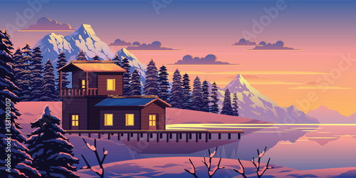 Sunset Cabin And Lake In The Snow Mountain Vector Landscape Illustration