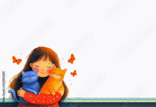 Girl with two cats enjoying a cozy moment indoors during a sunny afternoon