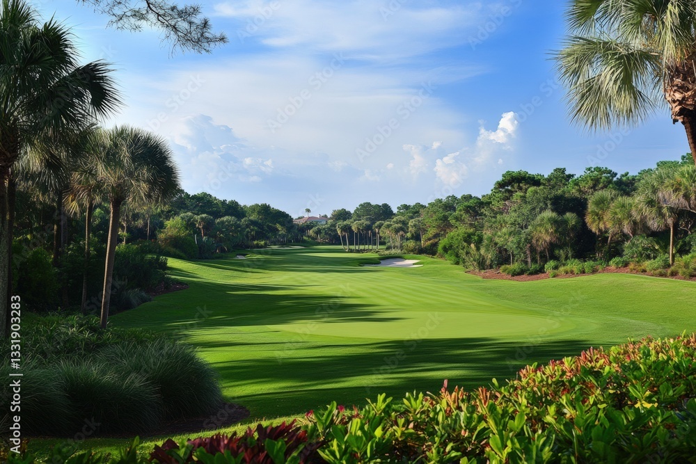 Naklejka premium Golf course framed by palm trees under a clear blue sky Generative AI