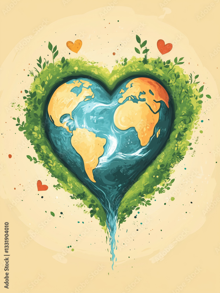 Heart-shaped Earth surrounded by lush greenery symbolizes environmental love