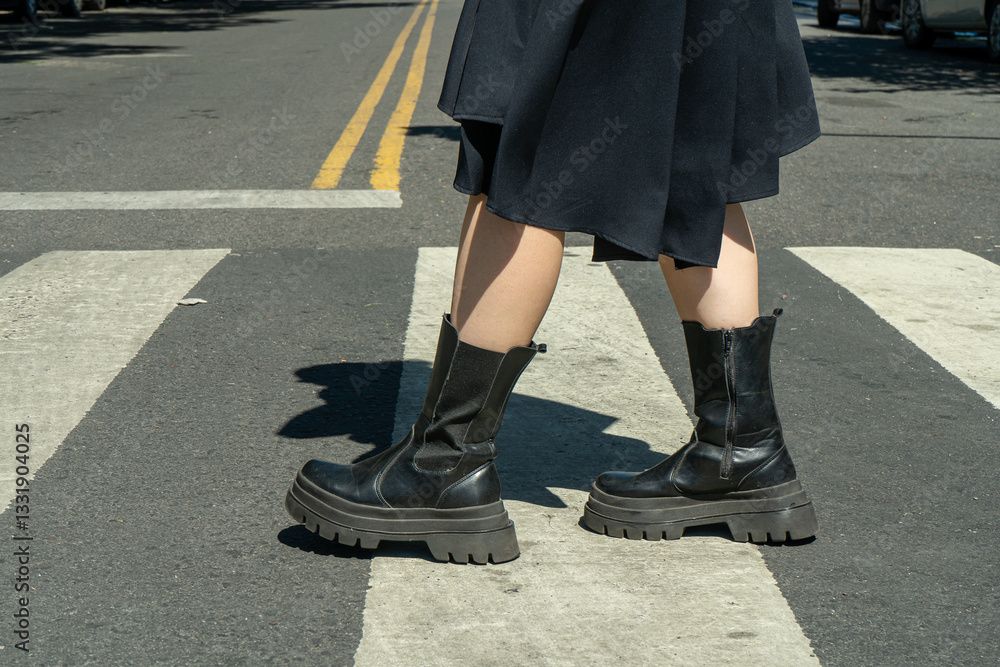 Woman wearing black boots crossing the street on pedestrian crossing Woman wearing black boots crossing the street on pedestrian crossing