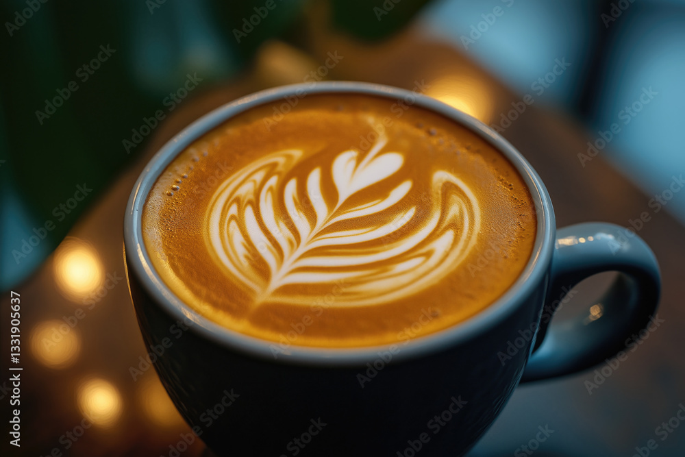 Delicate latte art showcasing intricate leaf design Delicate latte art showcasing intricate leaf design
