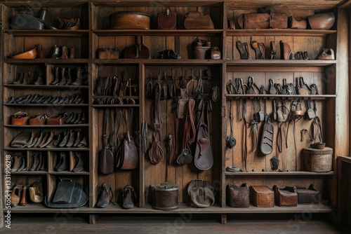 Horse tack room filled with saddles and bridles for equestrian activities Generative AI