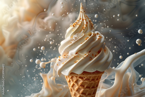 Obraz na płótnie Creamy swirl of ice cream on a waffle cone w salonie