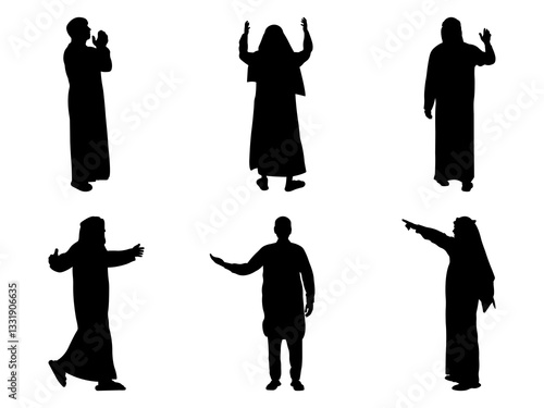 Set of Muslim Arab Man Silhouette in various poses isolated on white background