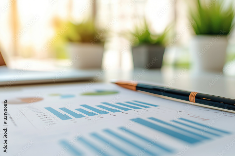 Detailed financial report overview with charts and office setup