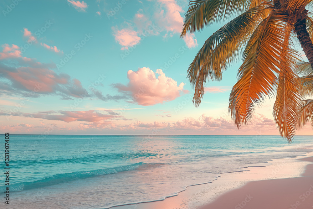 Serene beach at sunset with calm waves and palm trees