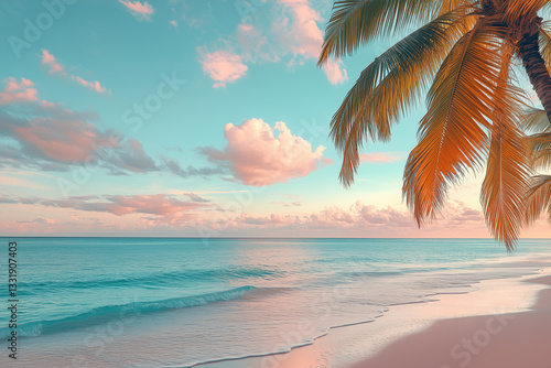 Obraz na płótnie Serene beach at sunset with calm waves and palm trees w salonie