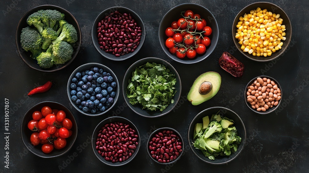 Colorful healthy food bowls, overhead view Colorful healthy food bowls, overhead view