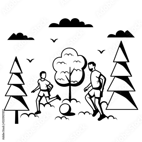 Dad and Boy play the Friendly football Match vector design, Love romance sketch, Dadys Valentines Day Story, human relationship stock illustration, father son playing soccer concept