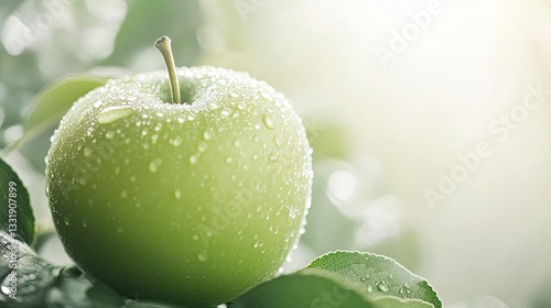 A Fresh Green Apple Covered in Dew Drops on a Sunny Day Amongst Lush Green Leaves
