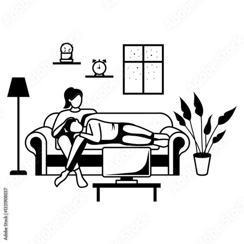 Mom and Kid  Bonding while watching tv vector design, Love romance sketch, Valentines Day Story, human relationship stock illustration, son rests his head on his mothers lap concept