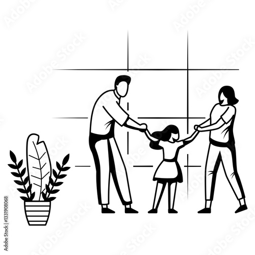 Mom, Dad, and Me Dance of Love vector design, Love romance sketch, Valentines Day Story, human relationship stock illustration, Family and Daughter Playful Bonding concept