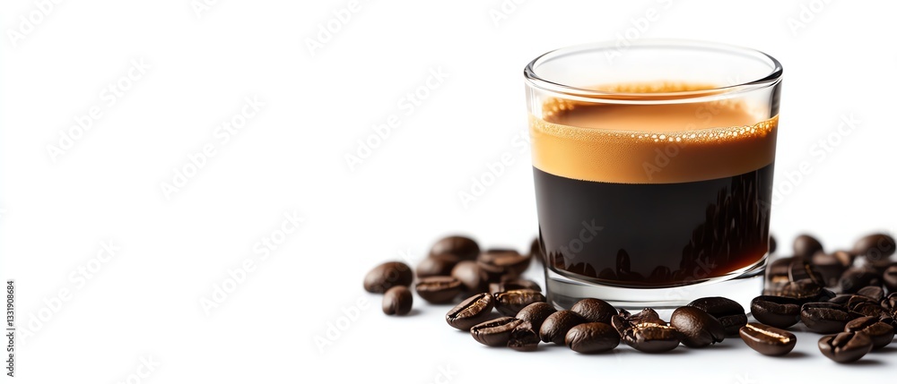 Rich espresso coffee with beans on white background. Rich espresso coffee with beans on white background.